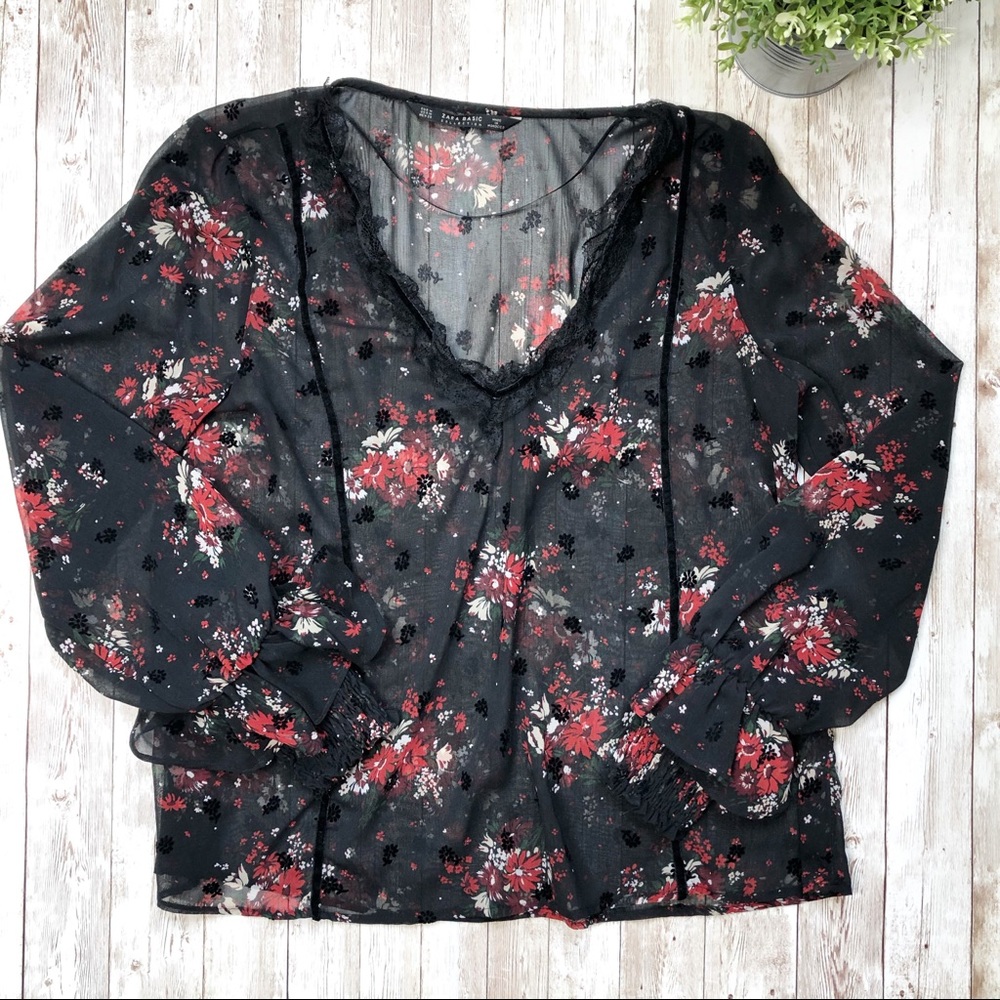 ZARA BASIC Sheer Black Floral Ruffle Top-sz M - Picture 2 of 7
